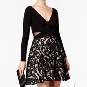 Xscape long sleeve mesh cutout Fit and Flare Brocade Skirt Cocktail Dress Sz 12